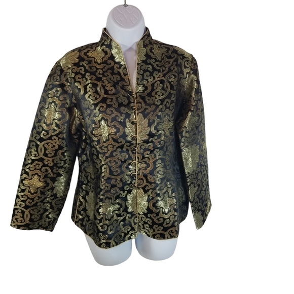 Vtg gold black silk chinese oriental jacket - Picture 1 of 11